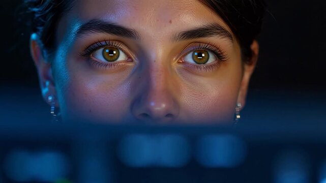 Close-up of a young woman's intense gaze focused on a computer screen in low light