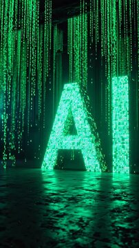 Digital AI letters glowing in a dark futuristic environment with falling code