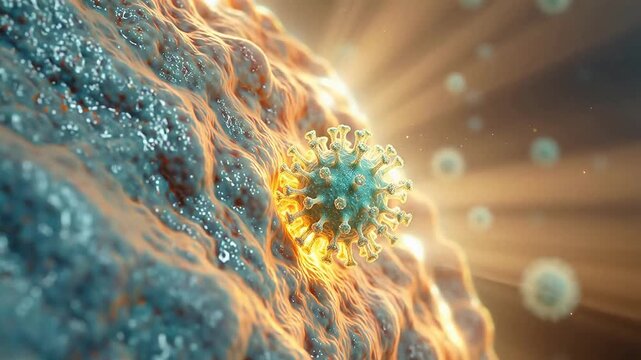 Microscopic view of virus particles interacting with human cells and other pathogens