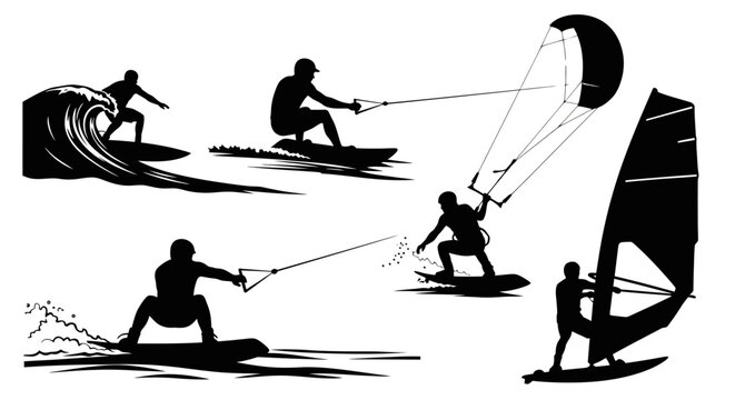 Set of silhouettes showing various water sports activities.