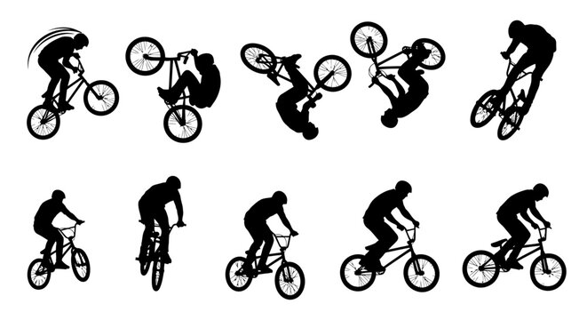 Set of ten black silhouettes of people performing various extreme stunts on BMX bikes.