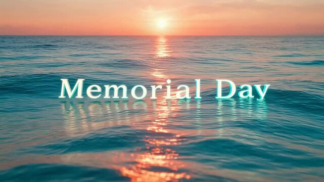 Serene ocean sunset with Memorial Day text reflection on water