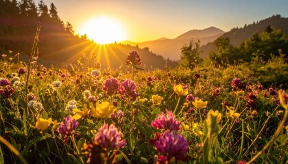 Obraz premium Breath-taking Golden Morning Happiness Background Photo with Sun Rays Piercing a Field of Vibrant Wildflowers for Motivational Quotes and Wellness Website Banners