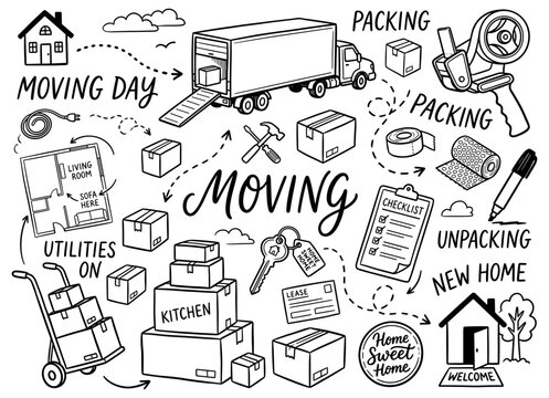 moving day elements collection, doodle style set with boxes and relocation process
