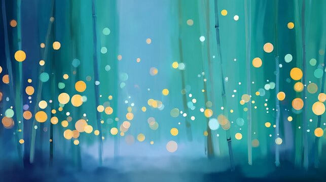 Painterly bamboo trunks standing in teal grove with dancing fire