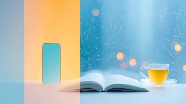 Vibrant orange and blue smartphone tea book contrast concept spl