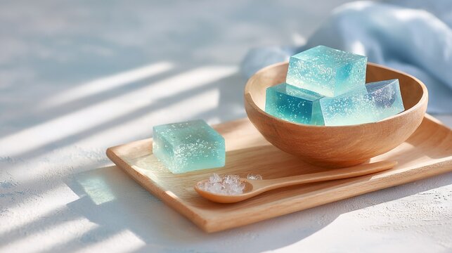 Water yokan on wooden tray with salt crystals clean light Japane