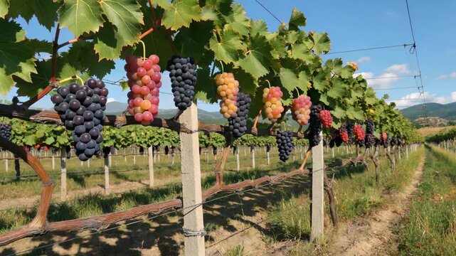 Close-up of ripe grapes in the vineyard and a bumper harvest in the vineyard