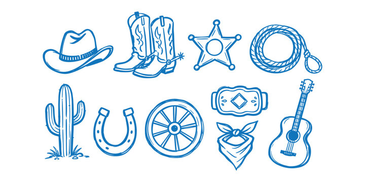 cowboy elements and wild west western culture doodle icon set with hat boots sheriff star badge lasso cactus horseshoe wagon wheel belt buckle bandana and guitar vector illustration