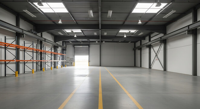 Spacious empty industrial interior of a small manufacturing factory warehouse with metal architecture and concrete floor in a modern storage facility area