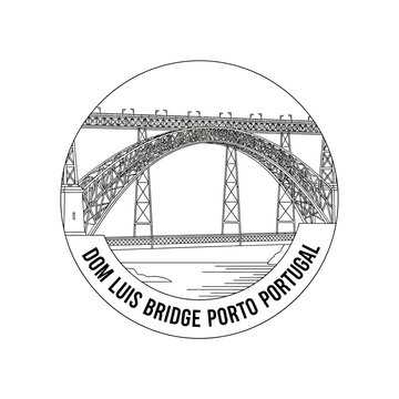 Dom Luis Bridge Porto Portugal outline drawing, vintage postcard style, travel landmark