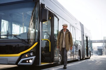 Fototapeta premium Modern city bus at a sunny urban stop with a stylish man in casual clothing stepping off the vehicle. Public transportation concept with contemporary design and active lifestyle focus