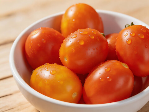 Tomatoes in a bowl with water droplets