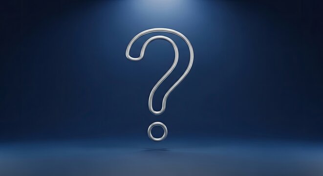 Silver metallic question mark on dark blue spotlight background