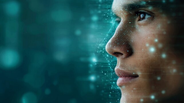 Close up profile of a young man looking forward with a futuristic digital overlay, symbolizing artificial intelligence and technology. Modern innovation and human potential are highlighted
