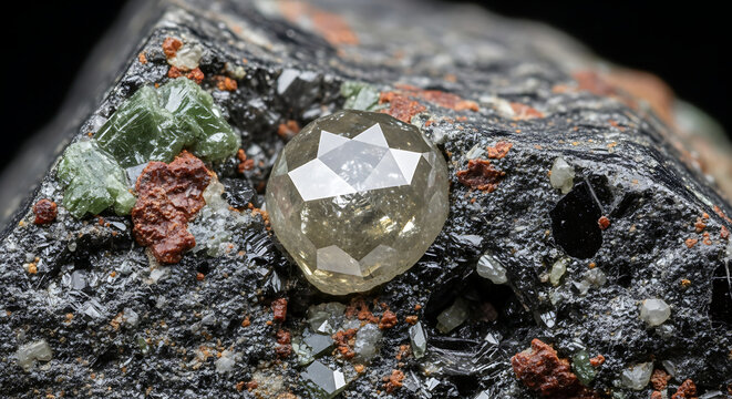 Raw uncut diamond crystal naturally embedded within a dark volcanic kimberlite rock matrix, geological mineral specimen found in its original igneous ore formation from the earth.