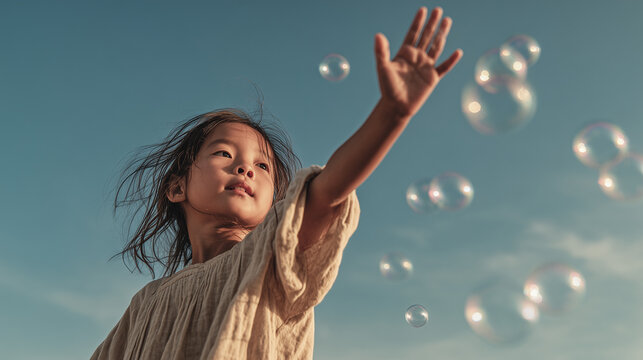 Happy Asian girl reaching for floating soap bubbles against a clear blue sky during a warm golden sunset.