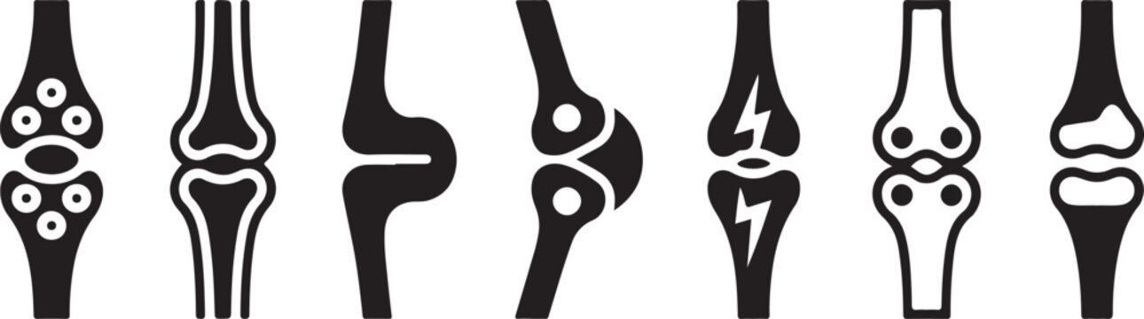 Human knee joint anatomical diagrams and silhouettes showing healthy and unhealthy joint conditions.