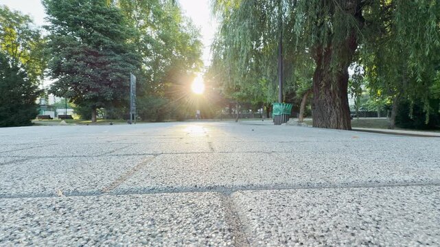 A bright morning sunburst radiates down a paved walkway in a green park in Simferopol, Crimea. This beautiful scene brings a deeply peaceful and hopeful feeling to the day.