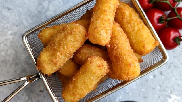 Mozzarella cheese sticks, breaded and fried with salt, spices, and tomato sauce, for takeaway. Cheese sticks as a food background for your design