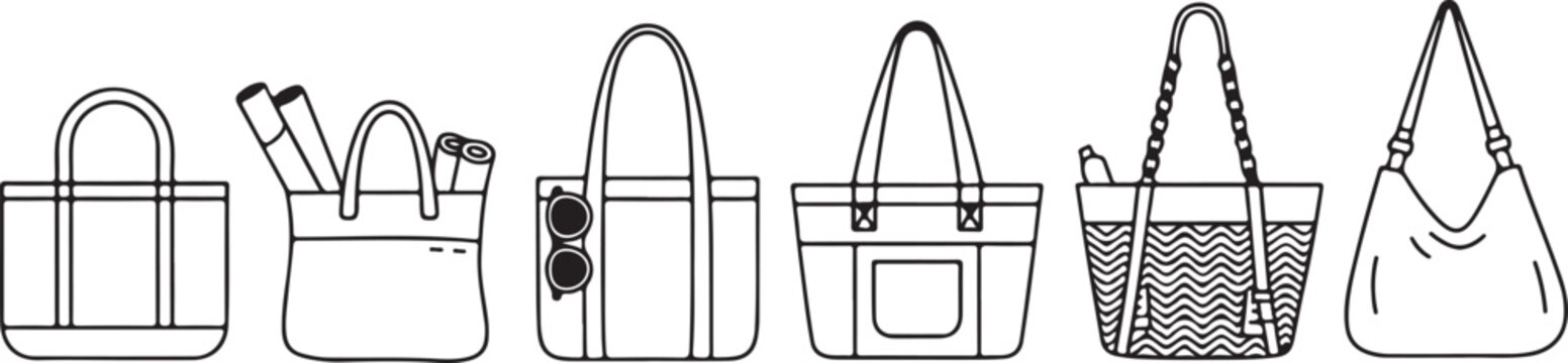 Variety of ladies handbags and tote bags for shopping or daily casual use displayed as line art icons set for fashion accessory.