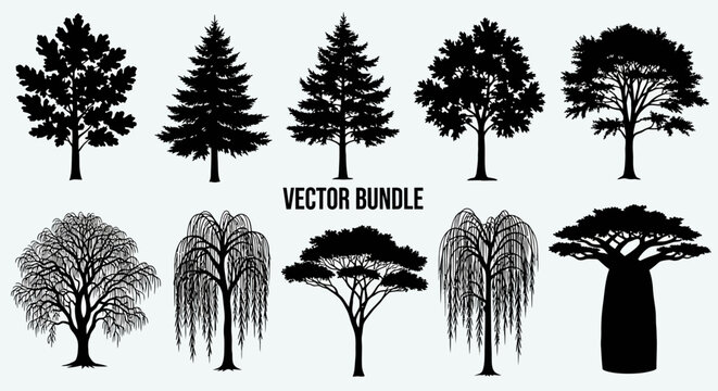 Set of ten detailed black silhouette trees for nature design.