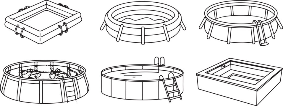 Various models of residential swimming pools including round inflatable tubs and rectangular metal frame backyard water tanks.