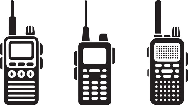 Walkie talkie radio communication devices set of three distinct models on a transparent background for emergency and security.