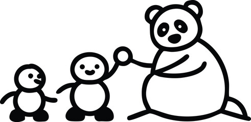 Minimalist stick figure cute children holding hands and interacting with a giant panda bear vector line icon © Toffzal