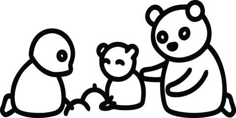 Minimalist stick figure child playing with a friendly bear family or bear cubs vector line icon © Toffzal