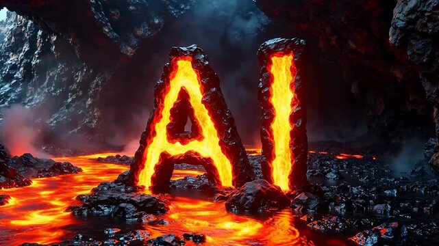 Fiery AI letters emerge from molten lava river in dark cave