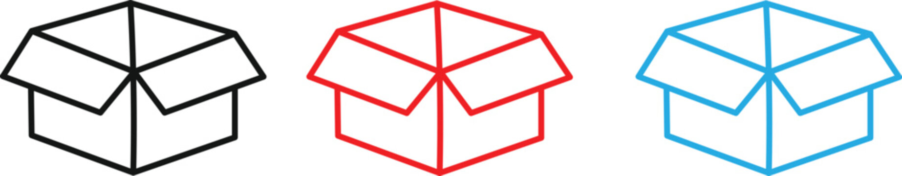 Three open cardboard boxes in black red and blue colors for packaging delivery and storage needs