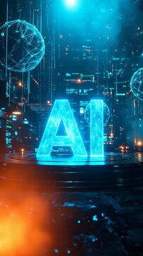 Futuristic AI technology glowing in a digital cityscape with abstract spheres