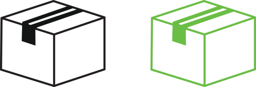 Two white boxes with black and green outlines and tapes on top for shipping and delivery purposes  boxes are closed