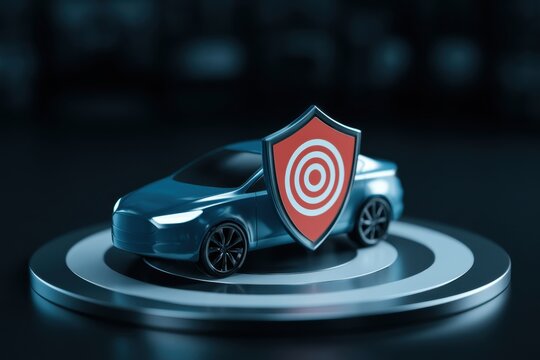 Blue miniature car with red shield on a target for automotive security