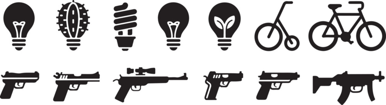 Set of light bulbs with different shapes and modern bicycle icons isolated on transparent background for energy saving concept.