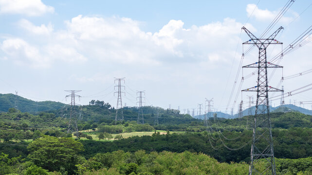 Power transmission towers near Shiyan Lake in Shenzhen, China