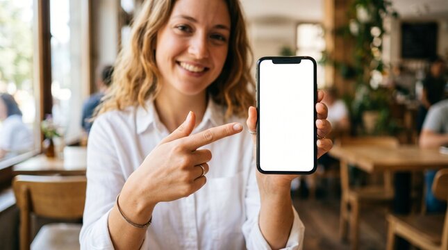 Mockup image of a beautiful woman pointing finger at a mobile phone with blank white screen