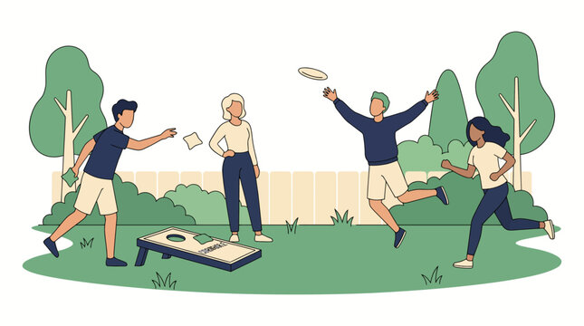 People playing cornhole and frisbee backyard games vector illustration. Friends enjoying outdoor summer recreation, holiday picnic, and family gathering. Flat line art.