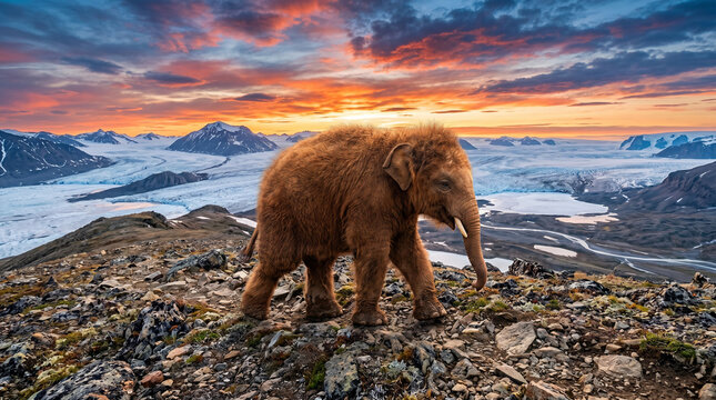 A majestic woolly mammoth like elephant with shaggy brown fur and long tusks walks across a rugged rocky tundra landscape with snow capped mountains and glaciers under a vibrant colorful sunset sky