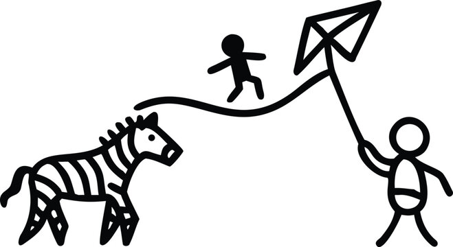 Minimalist stick figure people playing with a kite near a wild zebra vector line icon