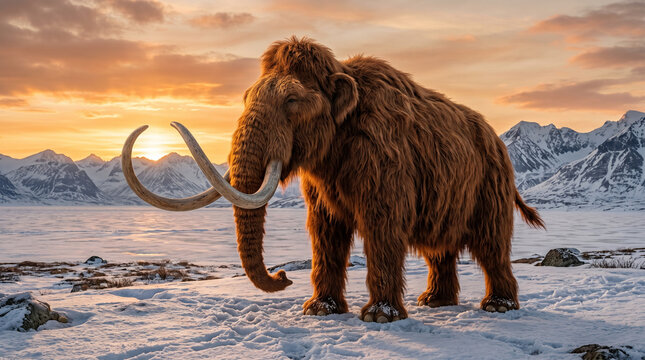 Majestic Woolly Mammoth Standing Proudly in a Vast Snowy Landscape Under a Golden Sunset Sky with Distant Icy Mountains a Symbol of Prehistoric Wilderness and Ancient Power
