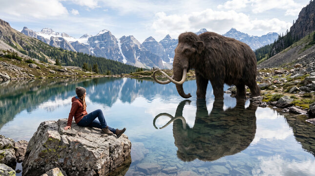 Wanita Muda Menikmati Pemandangan Danau Pegunungan yang Indah dengan Mammoth Berbulu Berdiri di Air Refleksi Langit Biru dan Awan Putih yang Menakjubkan di Lingkungan Alam Liar yang Tenang dan Damai
