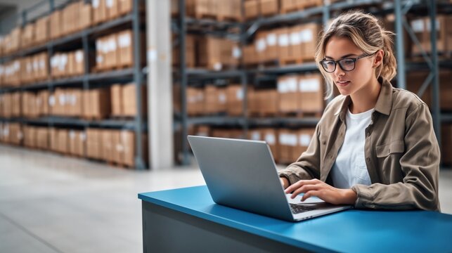 Woman managing inventory and logistics with a laptop in a modern distribution warehouse, efficiently handling orders, stock, and supply chain operations
