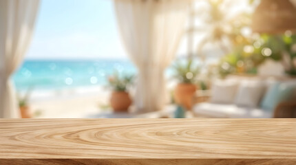 Obraz premium Wooden table top mockup with blurred tropical beach resort background for product display in sunny summer vacation vibe.