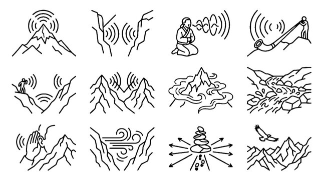 Mountain Echo and Sound Wave Line Art Icons Set Representing Nature Acoustics.