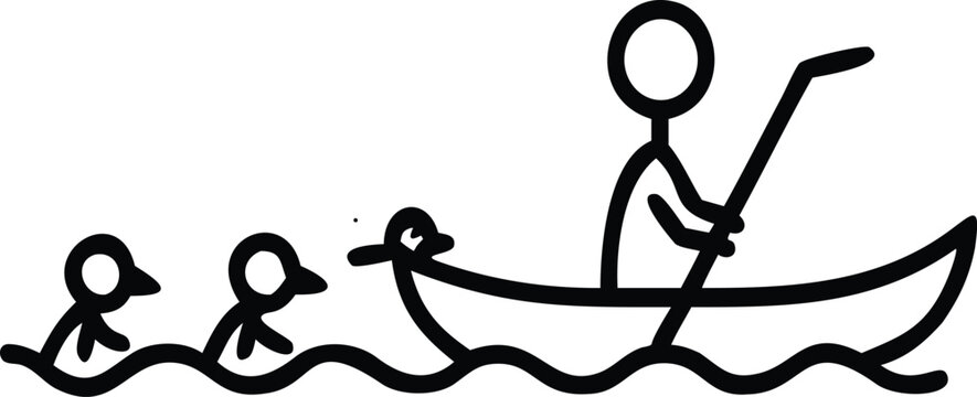 Minimalist stick figure man rowing a boat with small ducks swimming in the water vector line icon