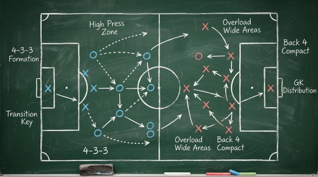 Soccer tactical strategy on green chalkboard, football formation diagram with chalk drawings, professional coaching board with game plan