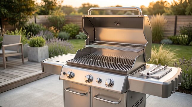 A stainless steel gas grill on a patio with a garden in the background at sunset