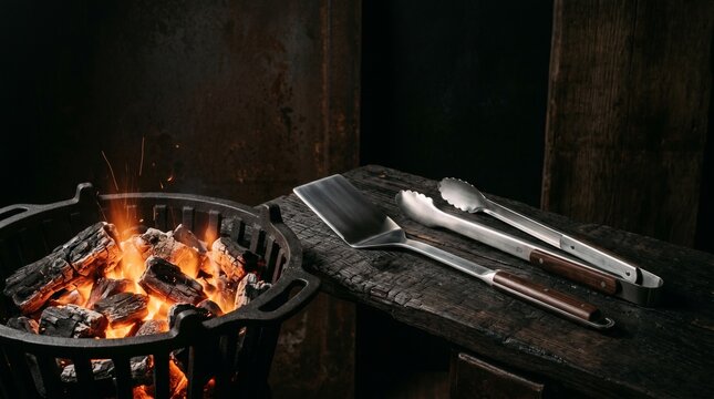 A fire pit with burning wood and metal cooking utensils on a wooden table